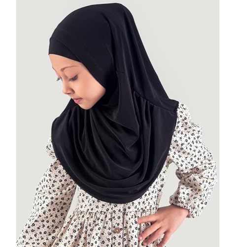 Modefa Islamic Girl Child Practical Amira Hijab Two Piece Muslim Scarf & Bonnet - Instant Easy Hijab - color: Black