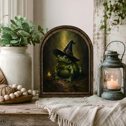 Witch Frog Halloween Arched Table Sign - color: Snowy Evergreen Tree
