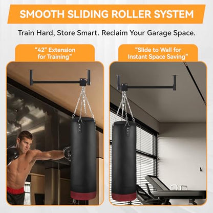 Heavy Bag Hanger Wall Ceiling Mount with Roller System, 300 LB Capacity Adjustable Punching Bag Hanger, Sliding Bracket for Boxing, Kickboxing, MMA Training