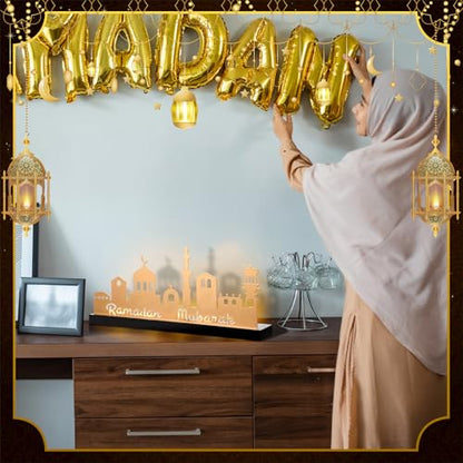 MorningRo Ramadan Mubarak Decorations Islamic Candle Holder with 5 Tea Candles Eid Mubarak Metal Sign with Wood Base Ramadan Kareem Table Centerpieces Eid Al Fitr Muslim Party Gifts - style: Classic