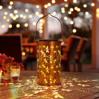 YISITEONE Dragonfly Outdoor Solar Lanterns, Garden Waterproof Metal Hanging Decor Lights for Patio Yard Pathway Lawn Front Porch, Birthday Gardening Gifts for Women Mom Grandma - style: Dragonfly
