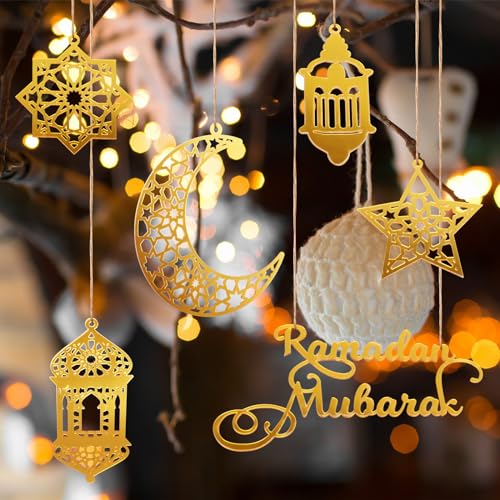 6pcs Ramadan Ornaments, Acrylic Ramadan Kareem Decoration Eid Mubarak Pendant Wind Light Moon Star Shaped Ramadan Decor for Hanging on Walls Windows Trees (Golden)