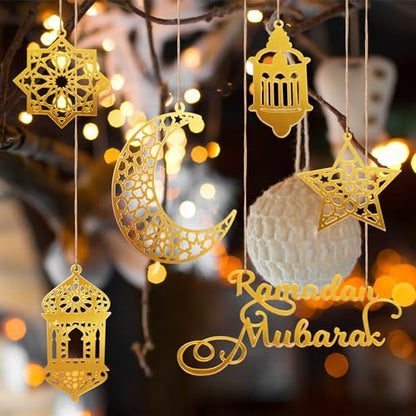 6pcs Ramadan Ornaments, Acrylic Ramadan Kareem Decoration Eid Mubarak Pendant Wind Light Moon Star Shaped Ramadan Decor for Hanging on Walls Windows Trees (Golden)