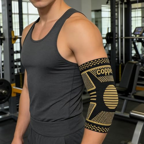 Copper Elbow Compression Sleeve, Tennis Elbow Brace for Men and Women, 4-Way Stretch, Pain Relief, Recovery, Arthritis, Tendonitis, Bursitis (Black-Copper, Medium) - size: Medium