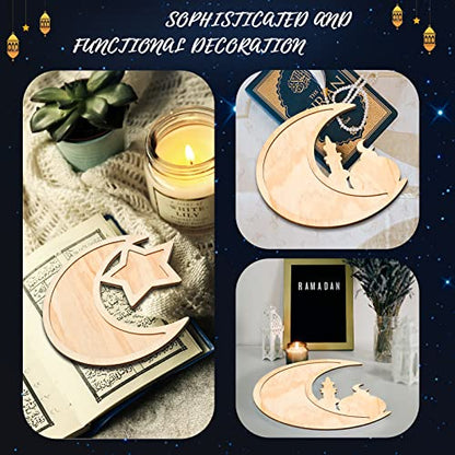 Queekay 2 Pieces Ramadan Tray Eid Mubarak Tray Wooden Star Moon Shaped Ramadan Islam Wooden Artistic Moon Star Dessert Pallet Eid Mubarak Decorations for Table Islam Artistic