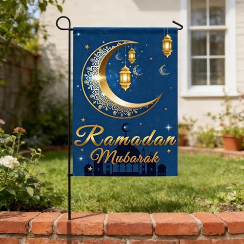 KYMY Ramadan Mubarak Garden Flag, Ramadan Kareem House Flag with 11.8 x 17.7 inch, Muslim Islamic Double Sided Lanterns Patio Yard Sign for Eid Al-Fitr Hajj Party Outdoor Decorations Supplies