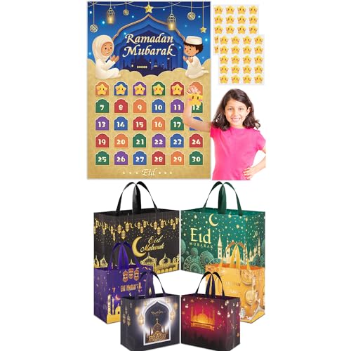 AhfuLife Ramadan Eid Mubarak Countdown Calendar Decoration for Kids, 2025 Eid Mubarak Gift Decorations, 6Pcs Eid Mubarak Gift Bags, Ramadan Mubarak Tote Bags with Handles, Ramadan Kareem Party Bags, I