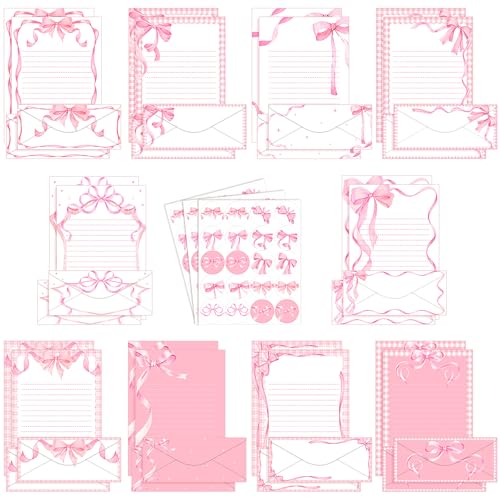 TaoBary 160 Pcs Stationery Paper Set 50 Double Sided Stationery Papers with 50 Matching Envelopes and 60 Round Dot Sticker, 10 Design(Pink Bow,8.5 x 11 Inch) - size: 8.5 x 11 Inch, style: Pink Bow