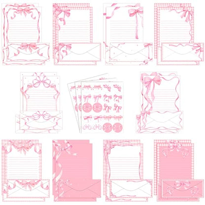 TaoBary 160 Pcs Stationery Paper Set 50 Double Sided Stationery Papers with 50 Matching Envelopes and 60 Round Dot Sticker, 10 Design(Pink Bow,8.5 x 11 Inch) - size: 8.5 x 11 Inch, style: Pink Bow