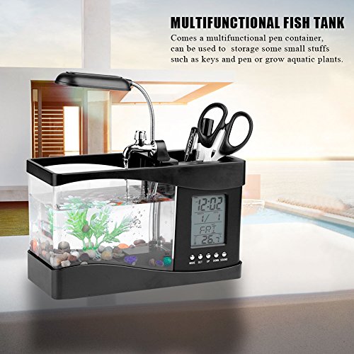 Mini Fish , Multifunctional USB Rechargeable Fish Desktop Electronic Aquarium with Clock Function LED Light Pen Holder for Office, Home