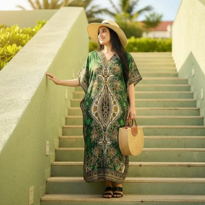 Women's Kaftan Dress – Loose Fit Maxi Gown – Kimono Style Beach Cover Up – Elegant Resort Wear and Nightwear - color: Green