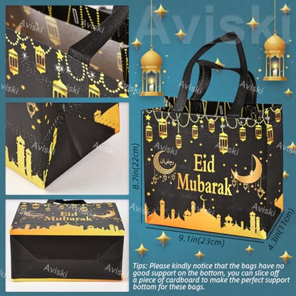 Aviski Tote Bag, Reusable Islamic Pattern Gift Bag with Handles, Assorted Sizes, Eid Mubarak Party Supplies, Muslin Themed, Non-Woven, Unisex, 16 PCS