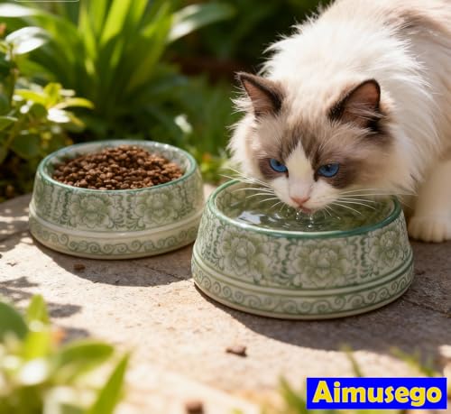 Aimusego Ceramic Cute Dog Cat Bowl for Small Breeds, Handpainted Green & White Heavyweight Durable Pet Food and Water Dish Crock, Dishwasher Safe- 1.5 Cups - color: Green Peony scrolls-S, size: Small (11OZ)