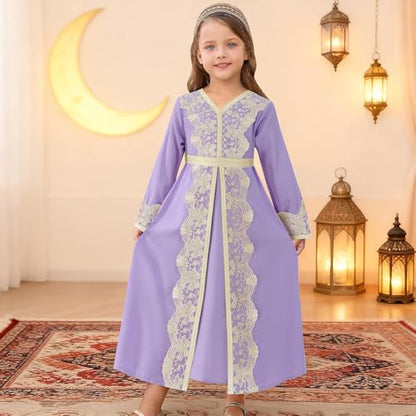 FYMNSI Kids Girls Muslim Abaya Dress Modest Lace Belted Prayer Dress Islamic Maxi Robe Kaftan Ramadan Arabian Dubai Clothes - color: Purple, size: 6-7 Years
