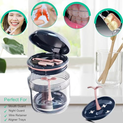 Retainer case, Denture Bath Cup，Retainer Cleaner Case Box,Night Mouth Guard Case Holder,Storage Soak Container with Drain Tray for Travel Cleaning with Mirror and Brush - color: Blue