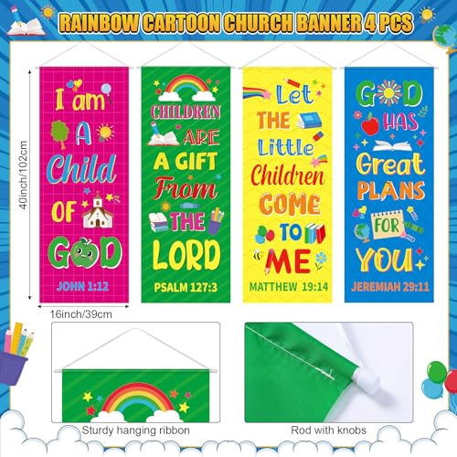 Panelee 4 Pcs Church Banners for Sanctuary Wall Rainbow Cartoon Church Banners with Scripture Inspirational Religious Praise Bible Verses Hanging Backdrop Signs for Sunday School Worship Decoration - style: Bible Cartoon
