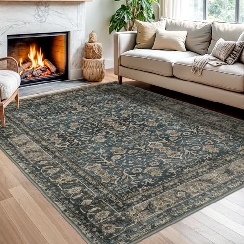 SIILOOM 5x7 Area Rug for Bedroom, Blue Brown Large Vintage Tribal Rug with Slip-Resistant, Non-Shedding Washable Area Rugs for Living Room, Soft Tribal Floral Carpet for Office Home Décor - color: Blue/Brown, size: 5' x 7' (Rectangular)