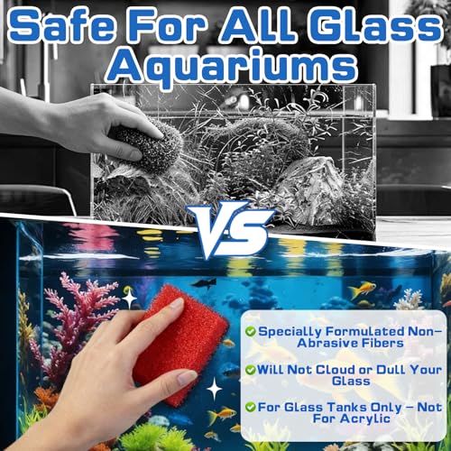 12-Pack Aquarium Glass Cleaner Sponges, 3.25" x 3.25" x 1" | Non-Scratch Thick Durable Scrubber Pads, Safe for Glass Fish Tanks, Crystal Clear View, Red