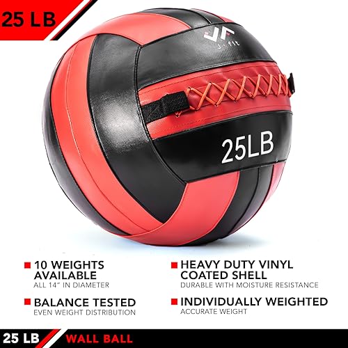JFit Wall Ball – Premium Soft Weighted Exercise Ball for Strength, Conditioning, Gym & Home Workouts, 4-30 LB - color: Red/Black, style: 25 LB