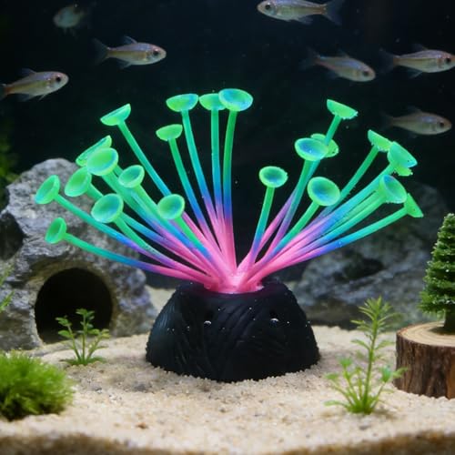 Suction Cup Anemone Aquarium Decor with Silicone Tentacles, Realistic Coral Reef Ornament for Saltwater and Freshwater Fish Tanks, Flexible Habitat for Shrimp, Invertebrates & Aquascaping (Green) - color: Green
