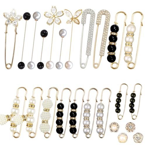 24 Pieces Pearl Crystal Brooch Safety Pins Button Pins Pant Waist Tightener Pins for Clothes Sweater Shawl Collar Dress Cardigan Shirt Jeans Decoration Accessories for Women Girls - color: Classic