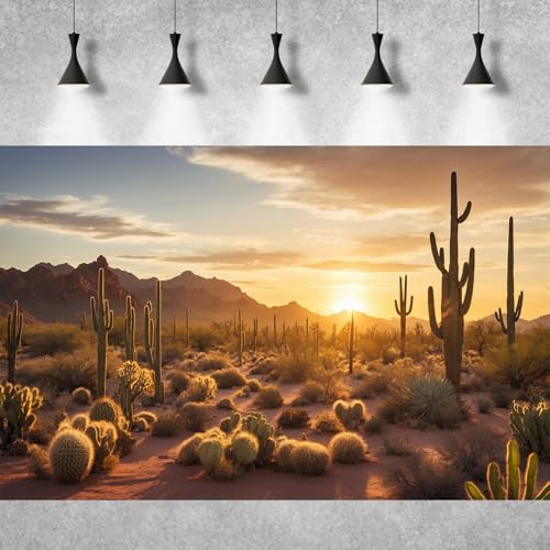 Sunset Desert Reptile Habitat Background Silhouette of Saguaro Cactus Arid Mountain Range Terrarium Background Cacti Sand with Dunes Aquarium Background Desert Mountain Fish Tank Background 24x12in - color: Cactus Orange, size: 24(W)x12(H)in