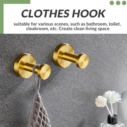 APLusee Brushed Gold Bathroom Towel Hooks 2 Pack, 304 Stainless Steel Robe Hooks for Kitchen Garage, Wall Mounted - color: Brushed Gold, size: 2 Pack