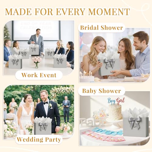 ANZNKU 2PCS Gray Gift Bags Medium for Women & Men, Gift Bags with Handles 4 Tissue Paper 2 Ribbons 2 Cards for Wedding Birthday Bridal Baby Shower Graduation Engagement Party Favors Present Wrap Set - color: Cloudy Gray