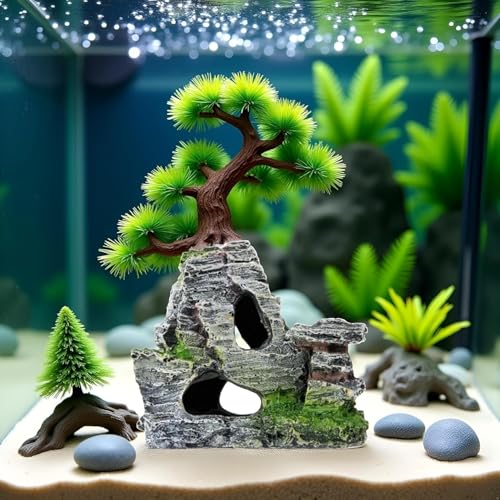 Resin Aquarium Mountain Decor with Moss Rock Cave - Multi-Level Terrain for Fish Tank Landscaping, Natural-Looking Rockery Design with Hidden Cave and Crevices for Shrimp,Reptile Habitat Aquascaping