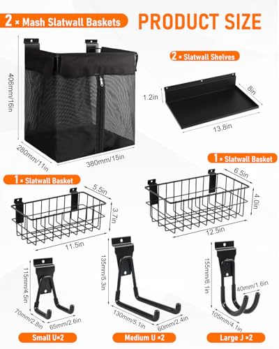 ZORUNNA Slatwall Baskets with Zipper, 6PCS Heavy-Duty Slatwall Hooks, 2PCS Metal Slat Wall Basket and 2PCS Slatwall Shelves Accessories, Wall Storage Organizer for Garage, Sports Gear, Toy, Laundry. - size: 16x15x11'+ 2*Metal Basket+ 2*Shelves