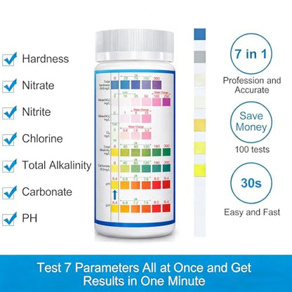 Aquarium Test Strips for Freshwater Fish: 7 in 1 Fish Tank Water Testing Kit for Aquarium Pond - Accurate Testing Nitrate Nitrite Hardness Free Chlorine pH Carbonate Total Alkalinity-100 Strips - size: 7 in 1 - 100 Count