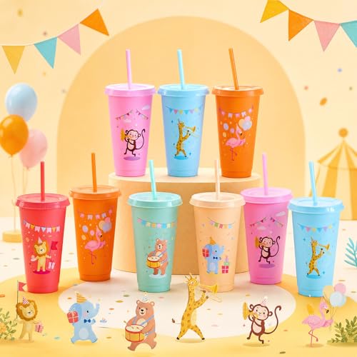 Chuangdi 12 Pcs Animal Parade Themed Party Supplies, 24 oz Cups with Lid and Straw, Reusable Jungle Safari Animals Tumbler for Animal Parade Themed Birthday Decorations, Zoo Baby Shower Favors - style: Animal Parade Party