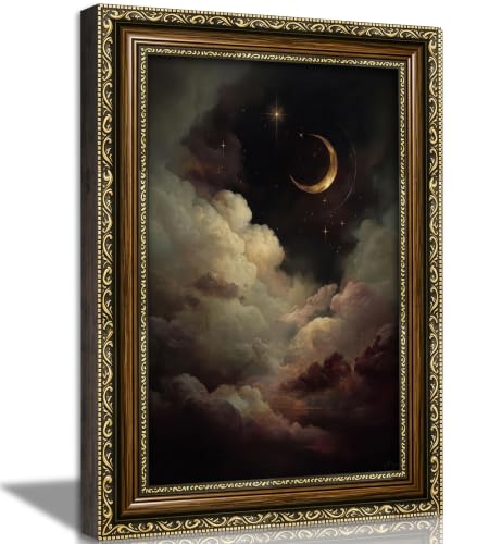 Vintage Gold Framed Crescent Moon Cloud Wall Art, Dark Academia Celestial Starry Sky Oil Painting Print, Antique Ornate Mystical Night Sky Wall Decor, Gothic Cottagecore Home Decor, 16x24in - color: moon cloud, size: 24"L x 16"W