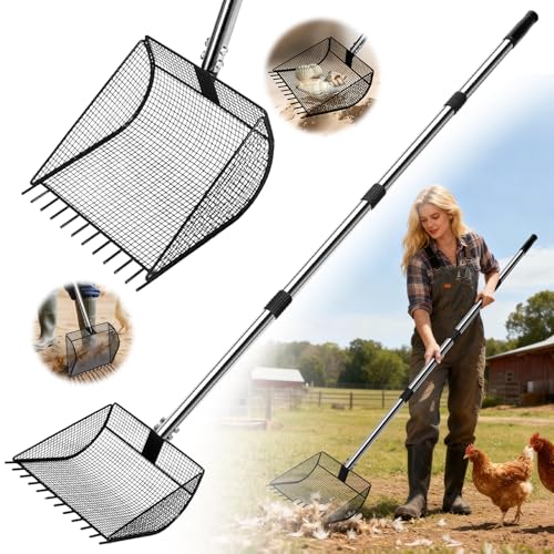 Chicken Poop Scooper for Sand, 2-in-1 Rake & Pooper Scooper with Large Sifting Shovel, Adjustable Stainless Steel Handle (36"-62"), Chicken Coop Litter Scoop & Cleaning Tool for Farm Animals