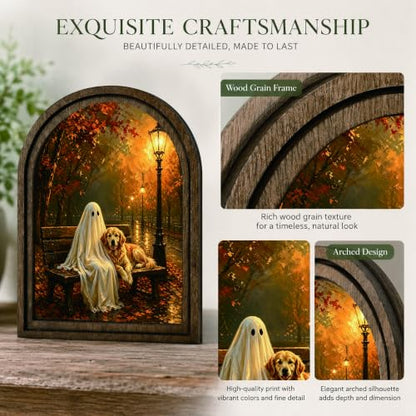 Halloween Ghost Dog Arched Table Sign, Rustic Farmhouse Decor - color: Ghost Dog Autumn Bench