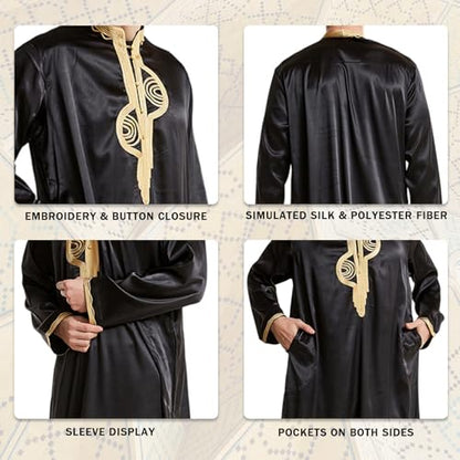 zhxinashu Thobe for Men Islam Long Sleeve Mens Kaftan Thobe Muslim Men Clothing - color: Black, size: X-Large