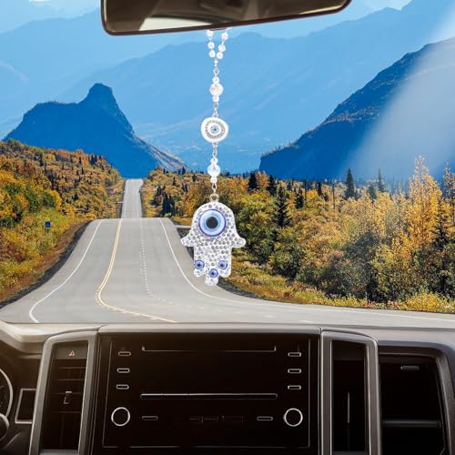 White Crystal Hamsa Hand Evil Eye Car Mirror Charm Ornament - color: White