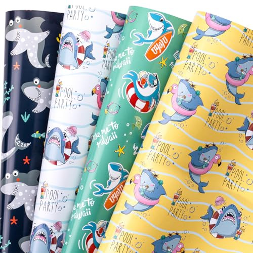 RUSPEPA Wrapping Paper Sheets - Cute Shark Design Perfect for Birthday, Baby Shower, Holiday Any Occasion - 12 Folded Sheets - 19.68 X 27.5 Inch - color: Shark
