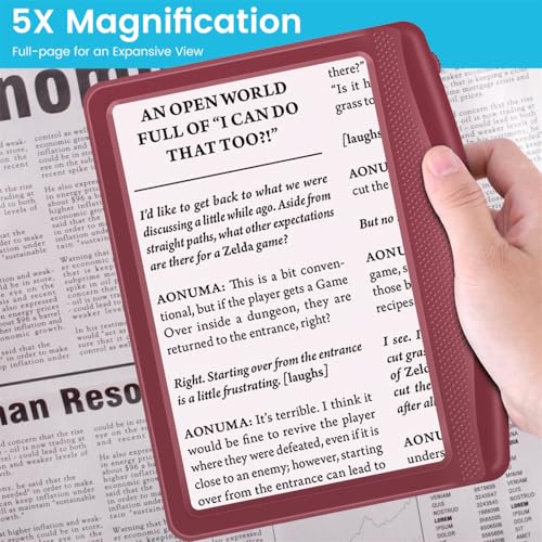 Rechargeable 5X Magnifying Glass for Reading, Large Bright Full Page Magnifier with Light, Handheld LED Dimmable Lighted, Lightweight Book Magnifier for Reading Small Prints Seniors - Red - color: Red