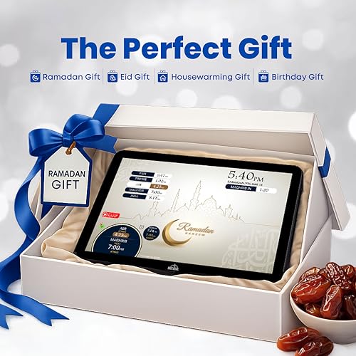 Masjidal 14" Smart WiFi Digital Azan Clock & Islamic Prayer Frame – Automatic Worldwide Prayer & Iqamah Times, Full Quran Player, Athan Alarm, Ramadan Clock, Touchscreen Muslim Home Display, Black - color: Black, size: 14 Inches
