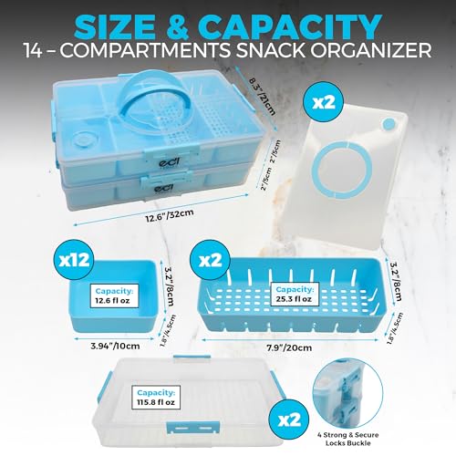Stackable Snack Organizer Container 2 Pack, 14 Compartments Food Storage Tray with Lids & Handles for Travel & Charcuterie, BPA-Free, Dishwasher & Microwave Safe (Blue 2 Pack) - color: Blue