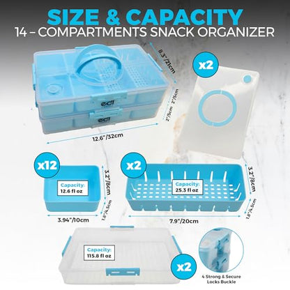 Stackable Snack Organizer Container 2 Pack, 14 Compartments Food Storage Tray with Lids & Handles for Travel & Charcuterie, BPA-Free, Dishwasher & Microwave Safe (Blue 2 Pack) - color: Blue