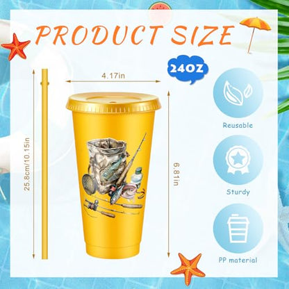 Chuangdi 12 Pcs Fishing Cups with Lid Straw 24oz Party Decorations, Fishing | Reusable Plastic Fishing Tumblers with Lid and Straw, Fishing Birthday Party Decorations, Fishing Gift for Fathers Men - style: Fishing