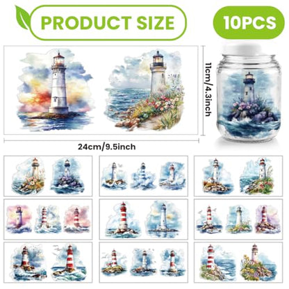 arricraft 10 Pcs Colorful Lighthouse Theme Cup Printing UV Transfer Papers, 10 Styles Flowers Waves UV DTF Cup Wrap Stickers for 16 OZ Glass Cups Crafts 9.5x4.3inch - style: Colorful Lighthouse Theme