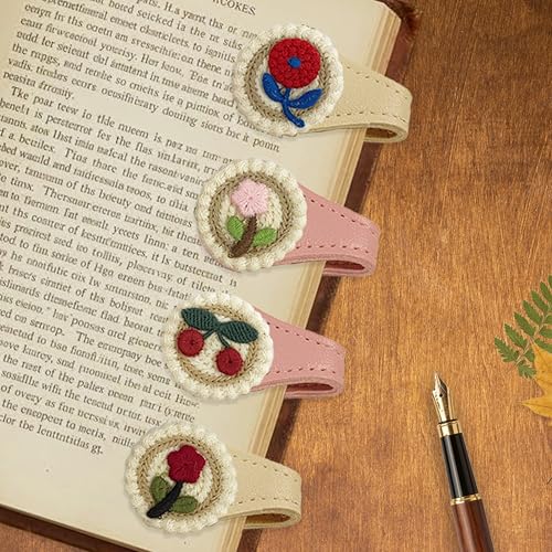 4Pcs Magnetic Leather Bookmark Set, Embroidery Magnetic Bookmarks Clips for Book Lovers Reading, Book Accessories(Flowers)