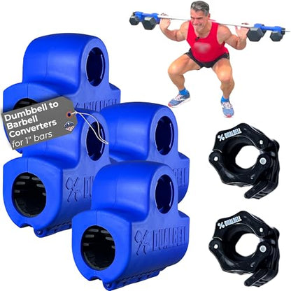 Dumbbell Converter- for 1" bars Superset Dumbbell to Barbell Adapters- hold up to 500lbs- Converts dumbbells for use on 1" diameter barbell - color: Blue Superset w/black weight collars (for 1" bars)