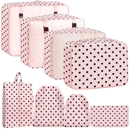 Packing Cubes for Travel - 8 Set Luggage Organizer Bags for Family, Mesh Breathable Packing Cubes for Suitcases Durable Travel Essentials Bags Set (Pink Polka Dots) - color: Pink Polka Dots