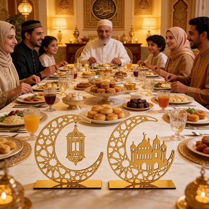 2 Pieces Ramadan Decorations for Home Islamic Eid Mubarak Kareem Table Sign Crescent Moon Hollow Star Ornament for Muslim Party Ramadan Table Decor Art Craft Decoration Golden Moon