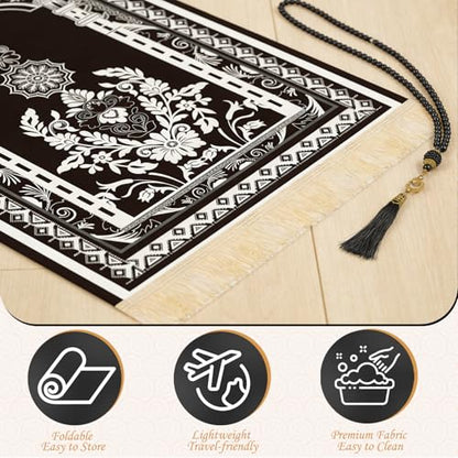 Prayer Mat Ramadan Gifts - Portable Black Prayer Rug Islamic Muslim Tasbih Beads, Praying Carpet for Islamic Man Women Eid Salah Namaz Meditation Decorations for Home