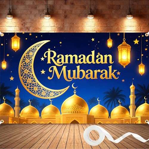 Ramadan Mubarak Backdrop 6x4FT Blue and Gold Crescent Moon Mubarak Banner Decorations – Eid al-Fitr & Eid al-Adha Party Background, Durable Polyester with Ribbon & 4 Brass Grommets